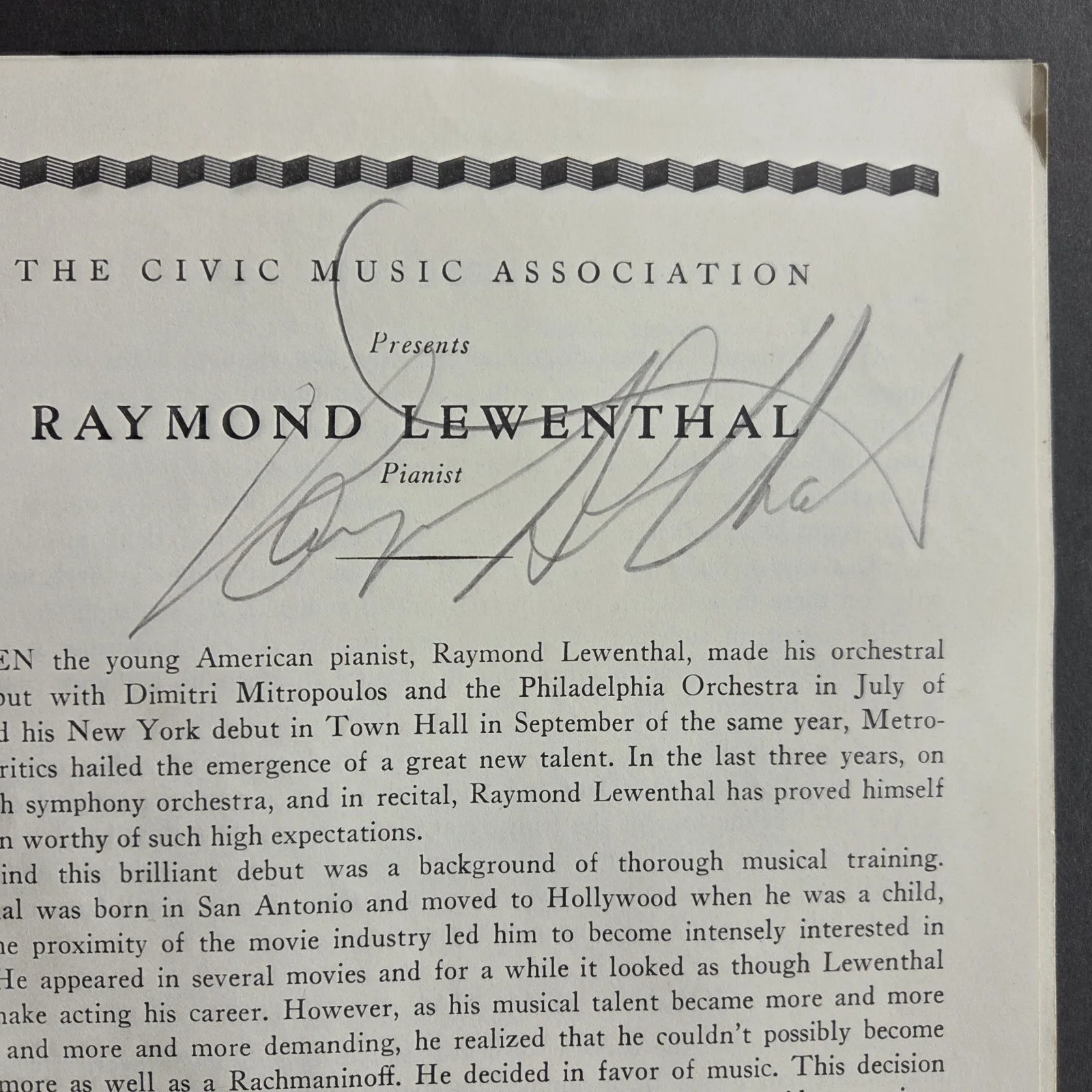 Raymond Lewenthal Pianist signed 1940's Civic Music Program 1923-1988, image 2