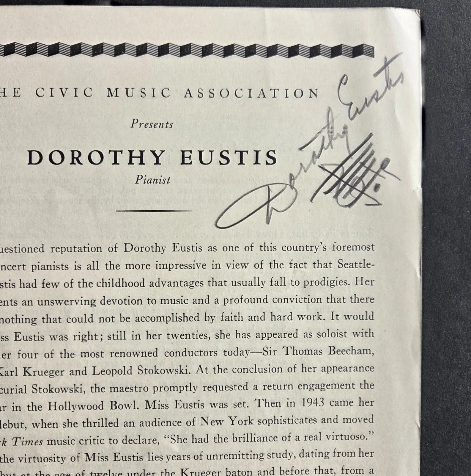 Dorothy Helen Eustis Pianist signed Civic Music Association program 1916-2001, image 2