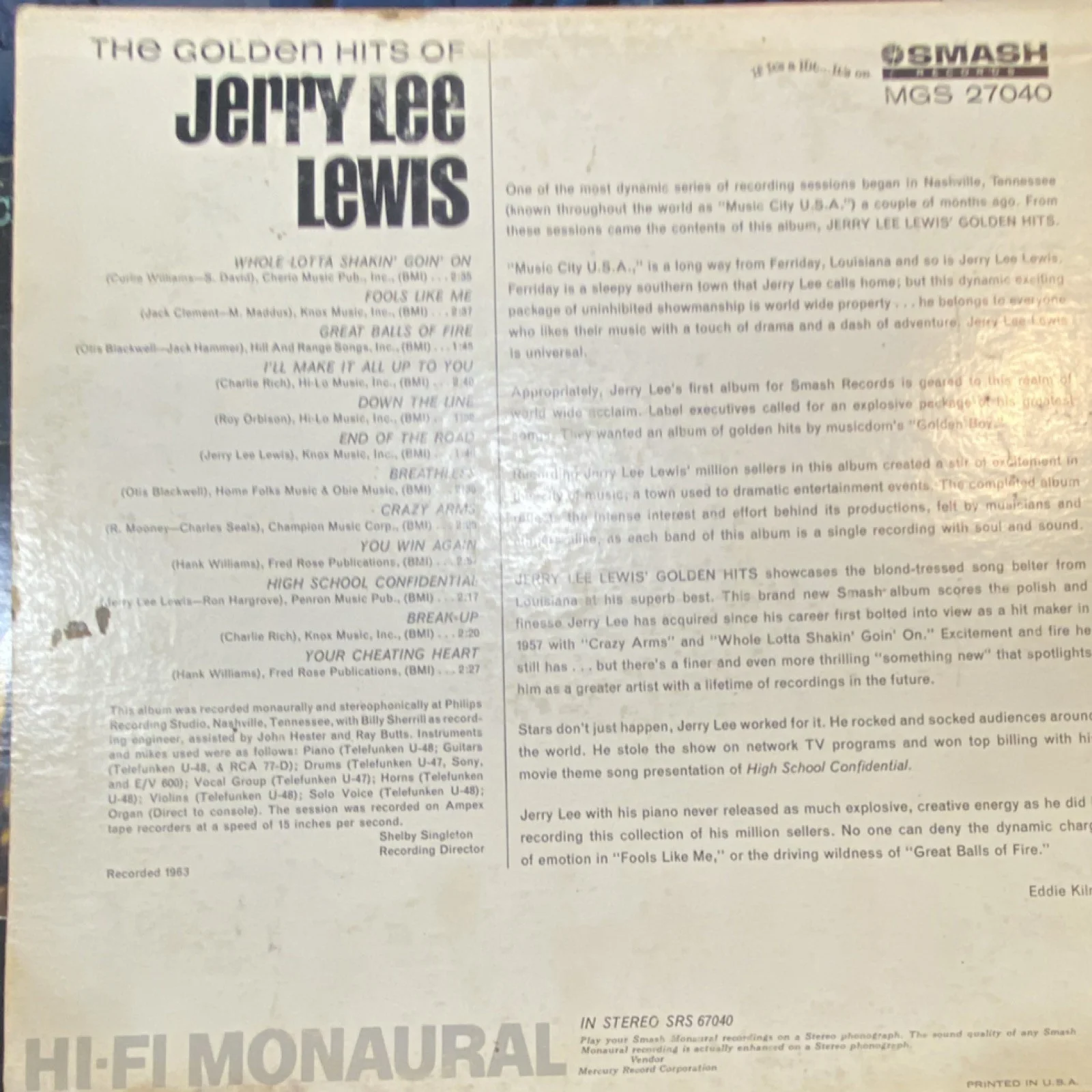 Jerry Lee Lewis The Golden Hits Smash Records MGS 27040 Autographed Record, image 2