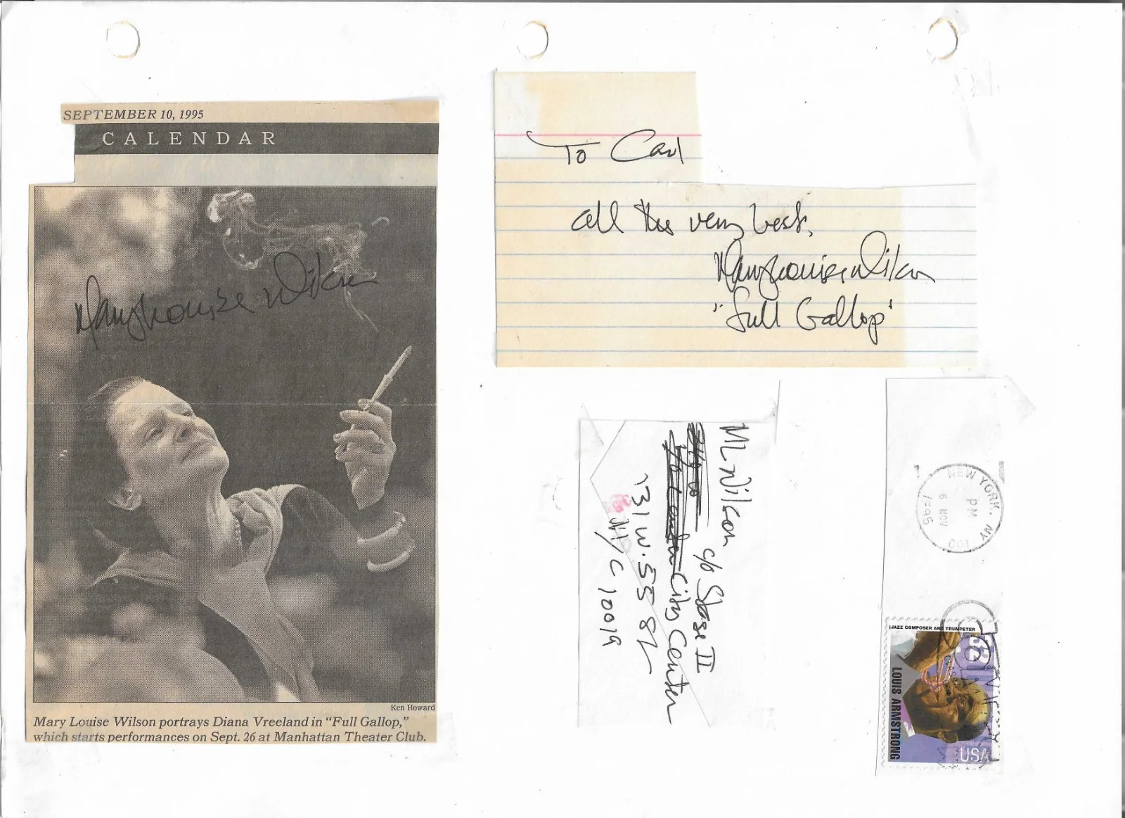 Mary Louise Wilson — Mary Loiuse Wilson hand SIGNED 3x Scrapbook page w/ index card & clipping COA