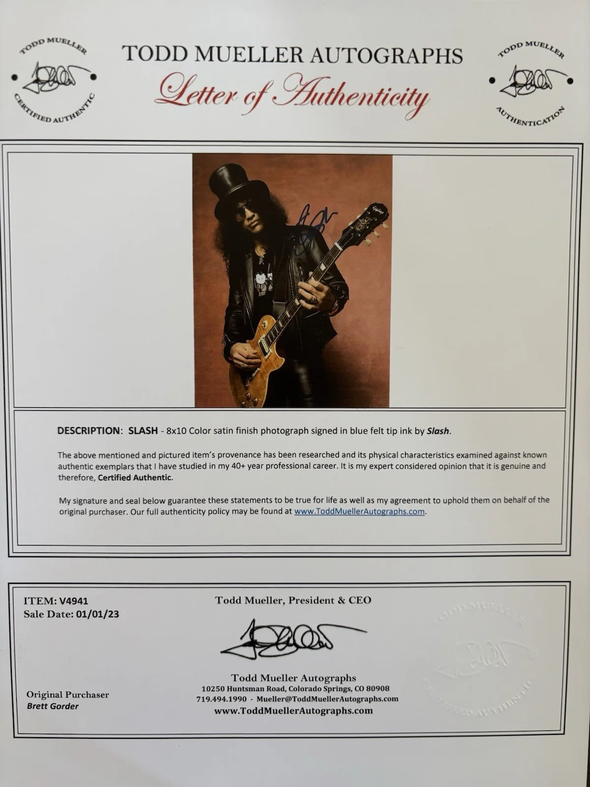 Slash Guns & Roses Signed Autograph 8x10 Photo Authentic Letter Of Authenticity, изображение 2