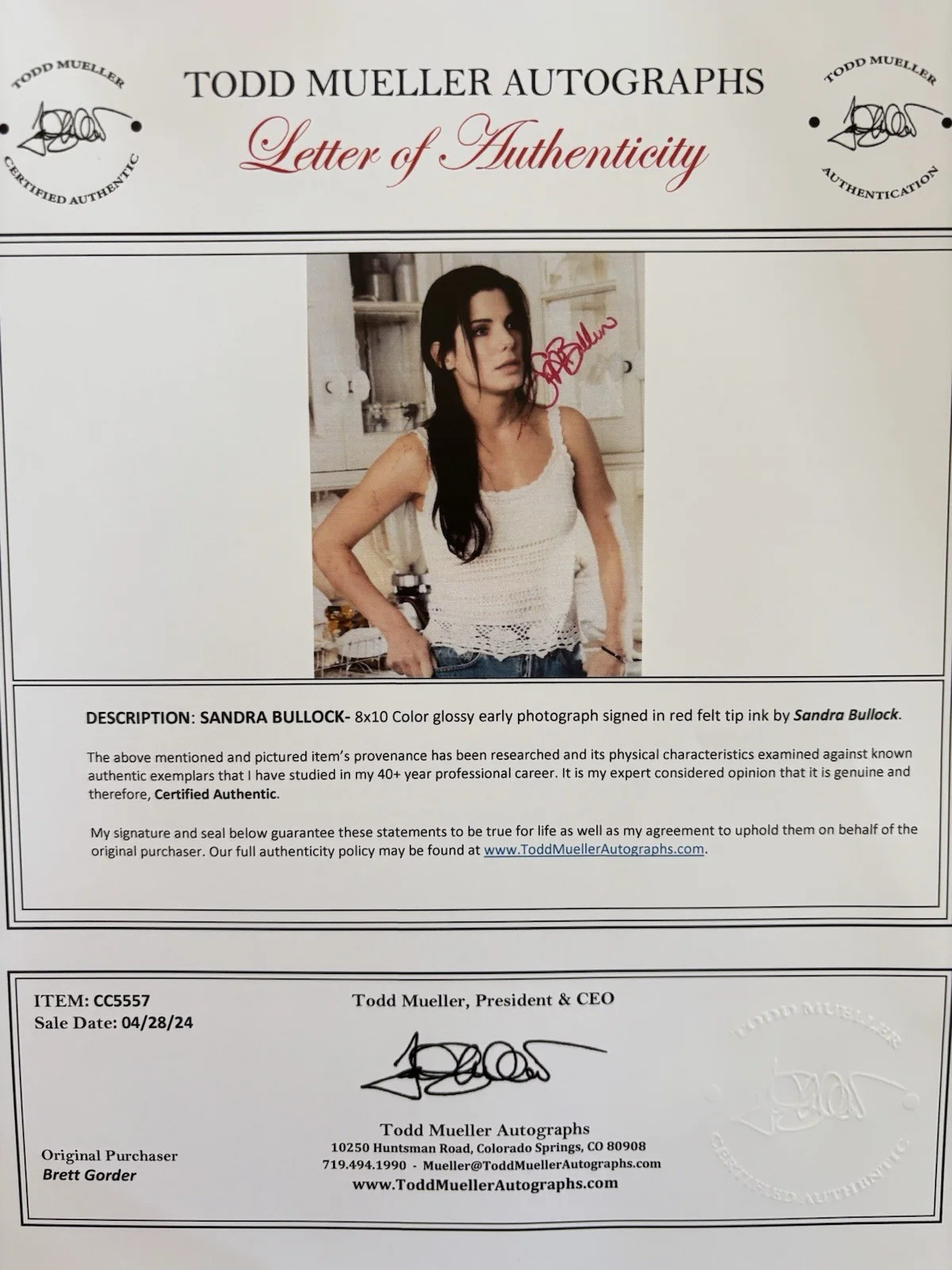 Sandra Bullock Autographed Signed 8x10 Authentic Letter Of Authenticity, image 2