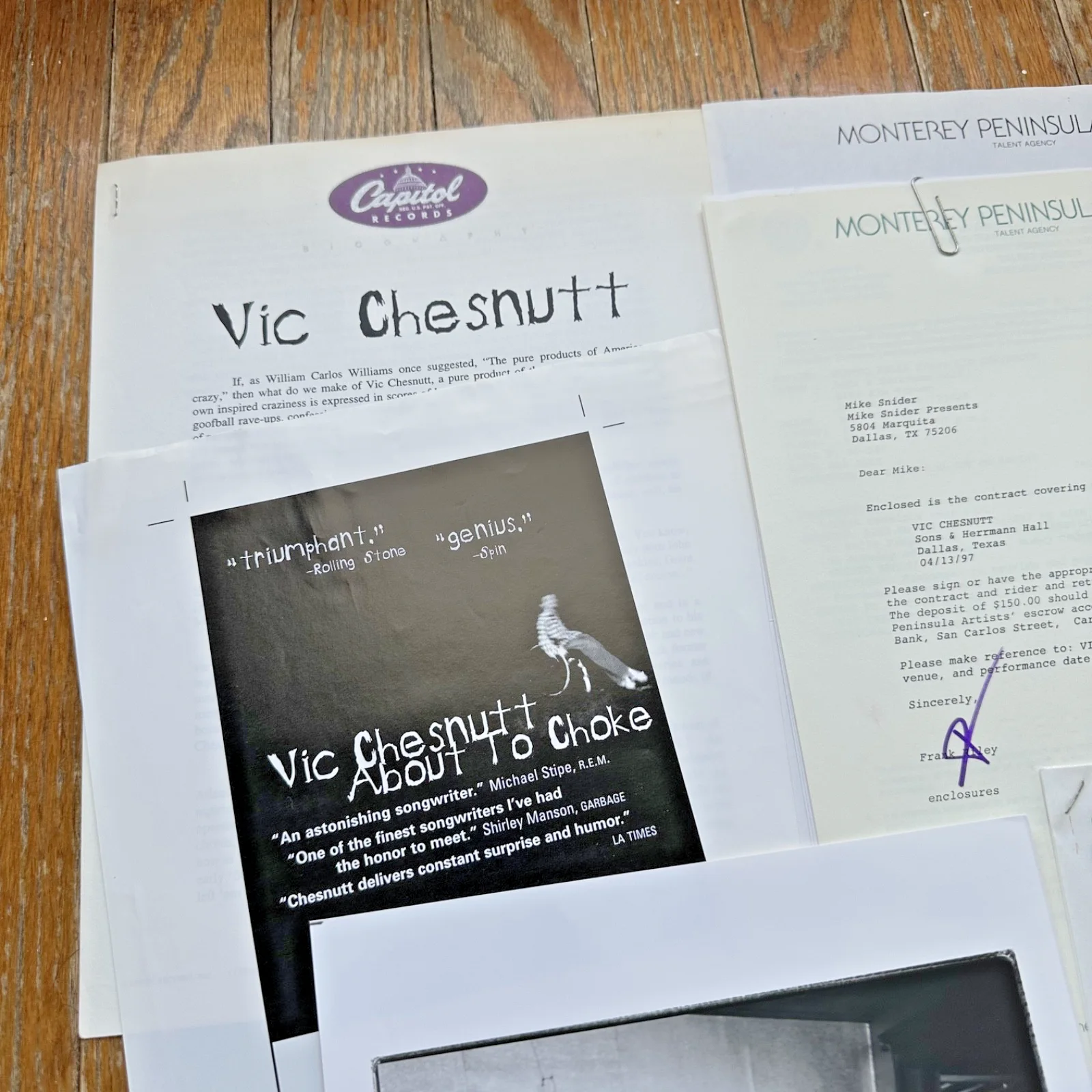 VIC CHESNUTT Dallas TX 4-13-97 Live Concert Contract & Rider Lyrics Promo Photo, изображение 2