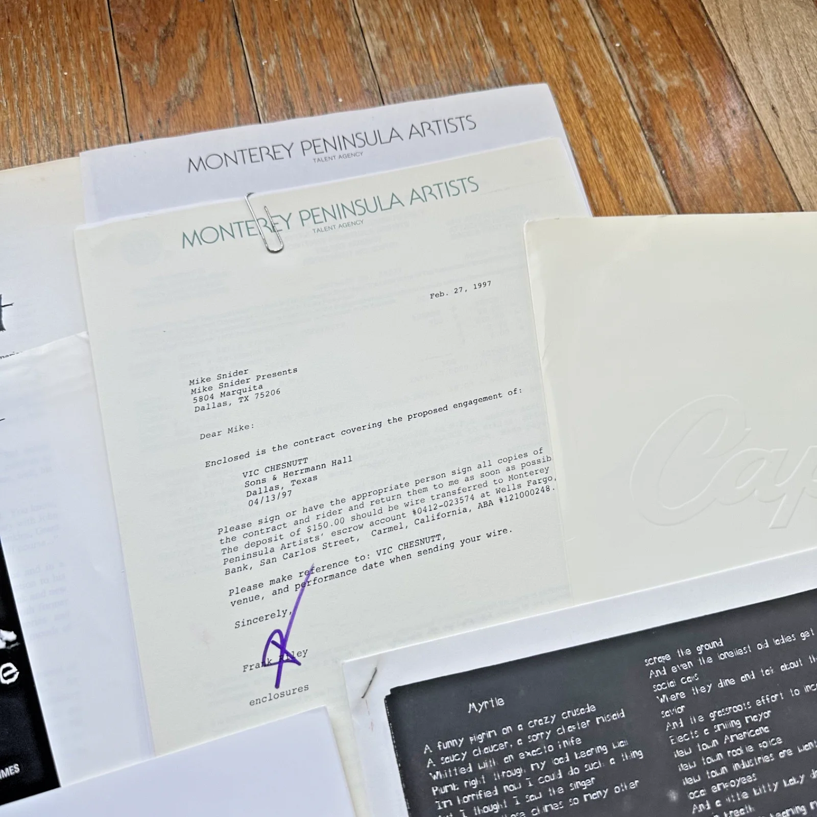 VIC CHESNUTT Dallas TX 4-13-97 Live Concert Contract & Rider Lyrics Promo Photo, изображение 3