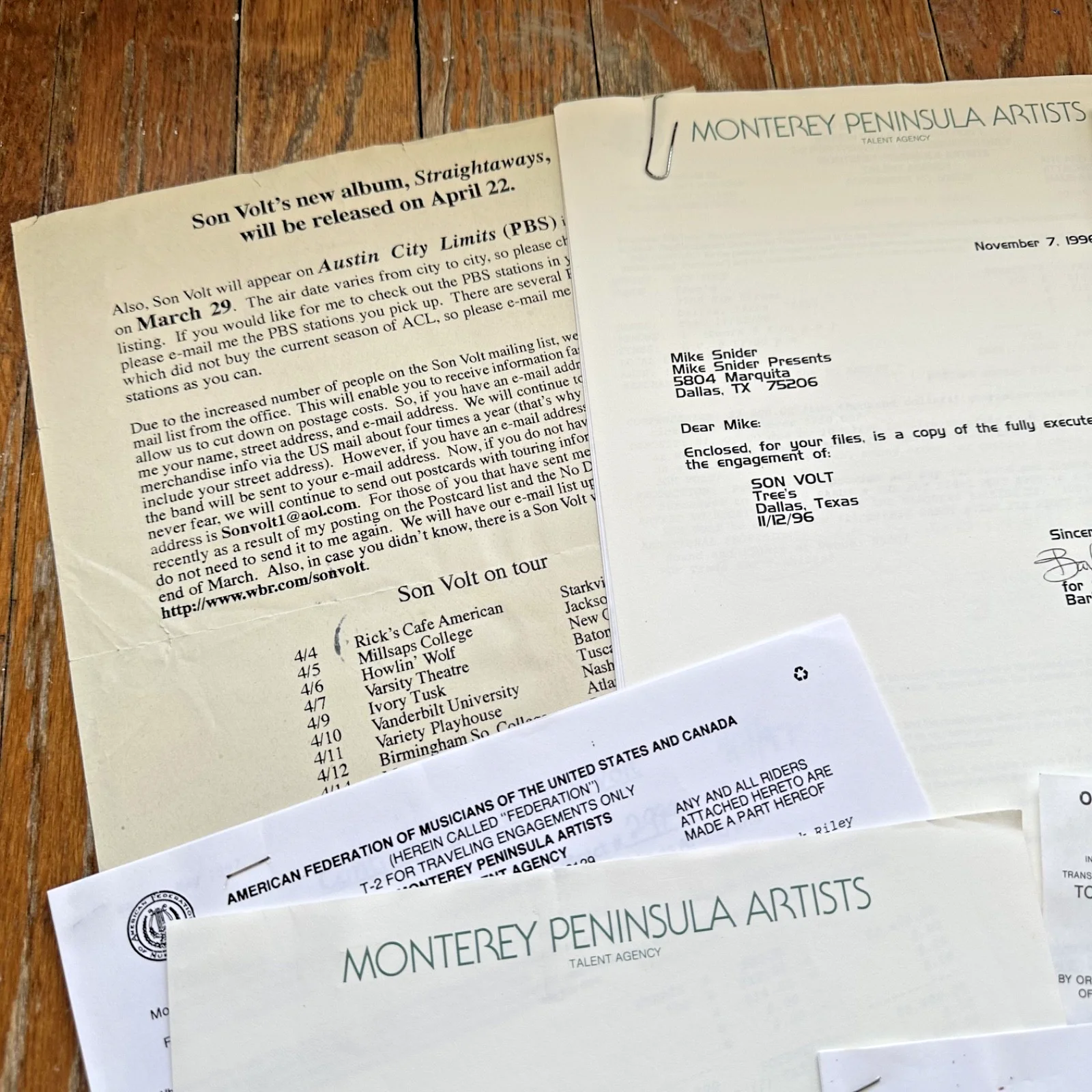 SON VOLT Dallas TX TREES 7-14-97 Live Concert Contract & Rider Promo Photo, изображение 2