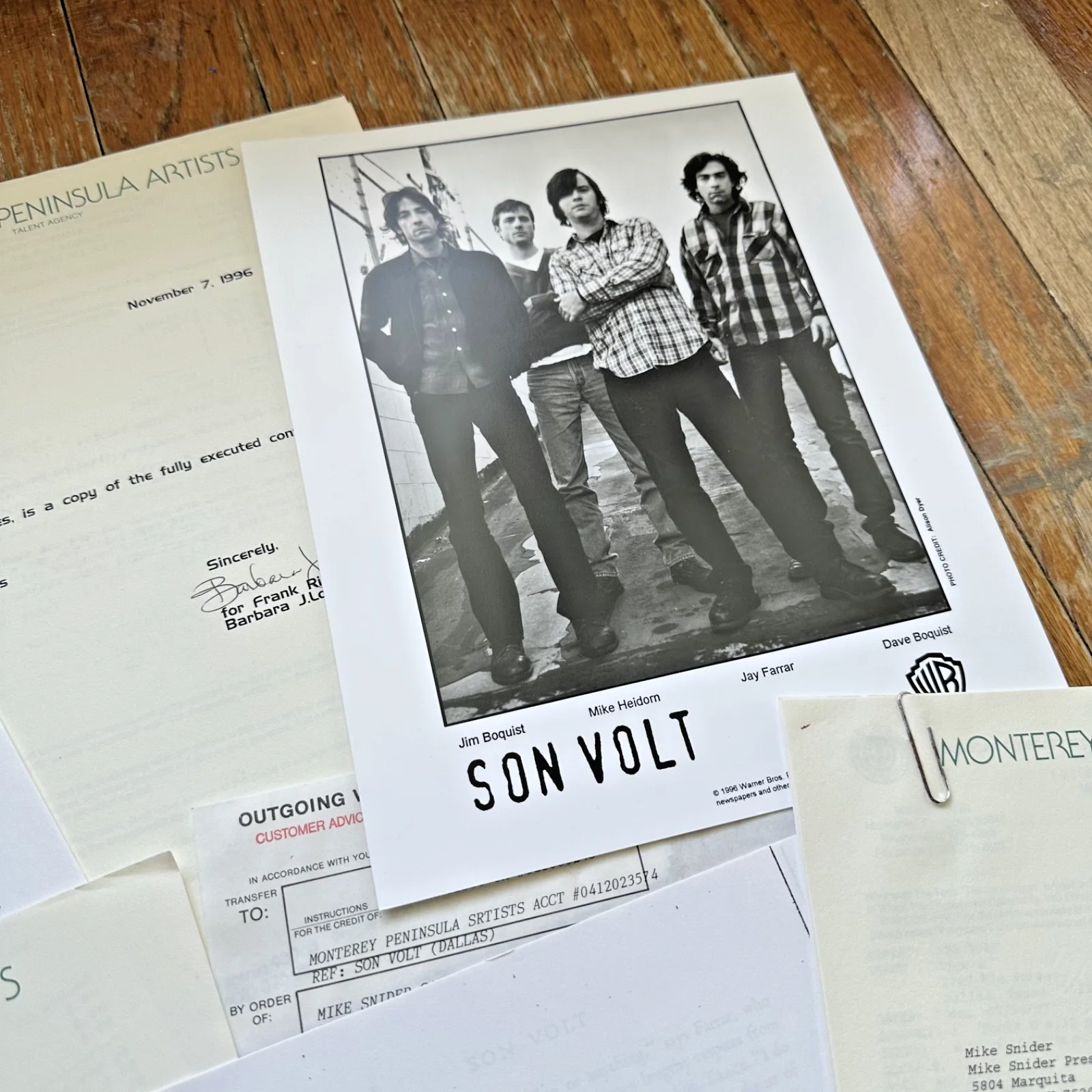 SON VOLT Dallas TX TREES 7-14-97 Live Concert Contract & Rider Promo Photo, изображение 3