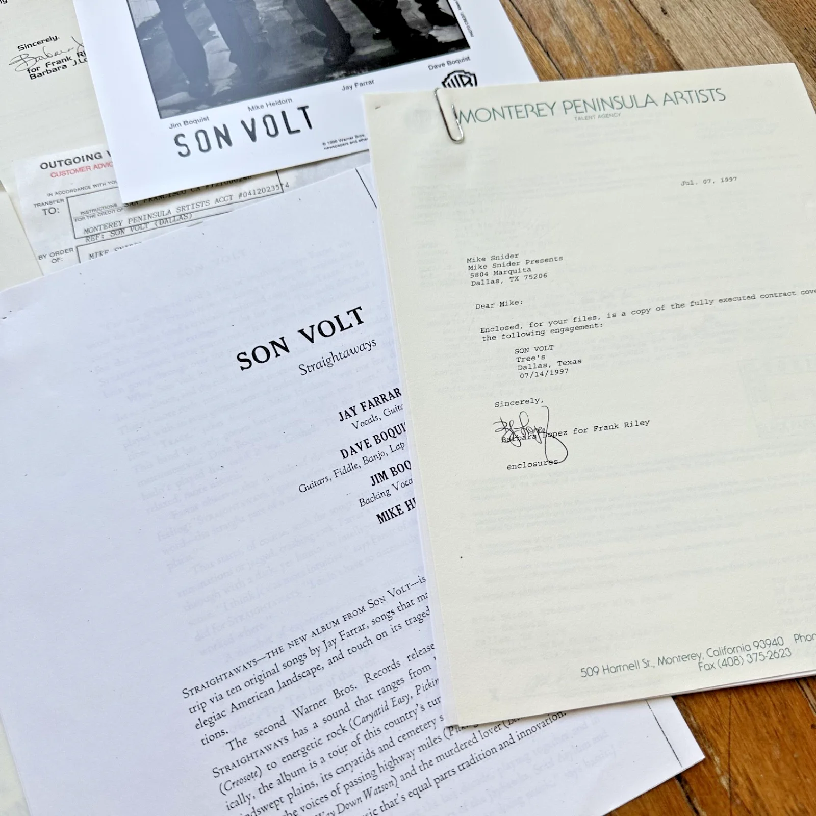 SON VOLT Dallas TX TREES 7-14-97 Live Concert Contract & Rider Promo Photo, изображение 4