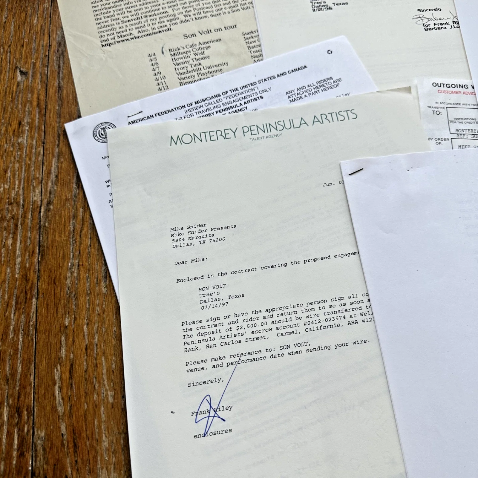 SON VOLT Dallas TX TREES 7-14-97 Live Concert Contract & Rider Promo Photo, изображение 5