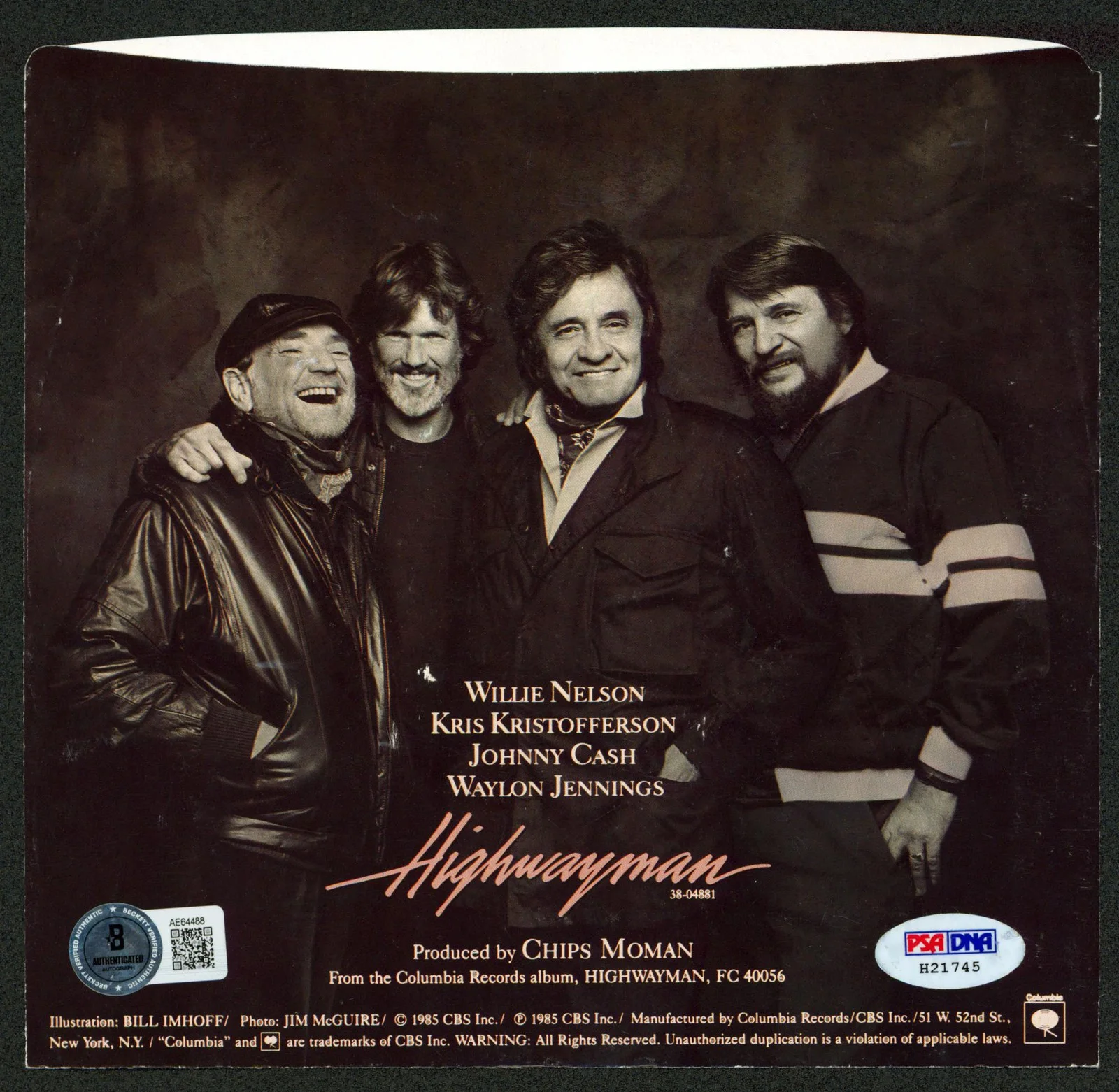 Johnny Cash — Johnny Cash The Highwaymen Authentic Signed 45 RPM Album Cover BAS #AE64488, изображение 2