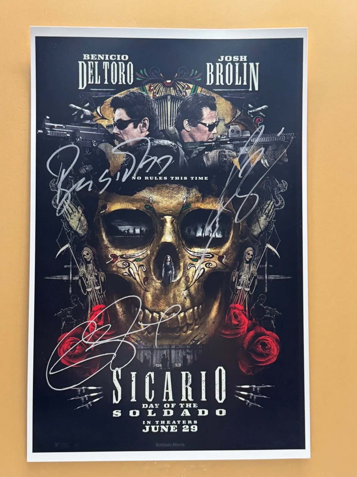 Benicio Del Toro, Emily Blunt, Josh Brolin — SIGNED SICARIO 11x17 Movie Poster COA by 3 of the actors - Shipped FREE