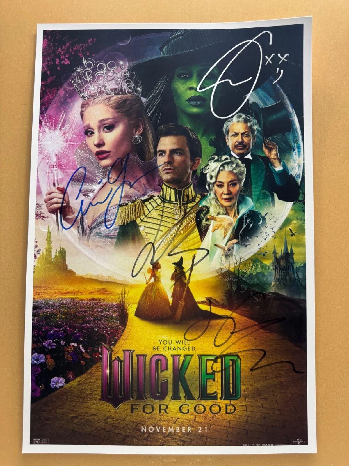 Cynthia Erivo, Ariana Grande, Jeff Goldblum and Jonathan Bailey — SIGNED WICKED FOR GOOD 11x17 Movie Poster COA by 4 of the actors - Ships FREE