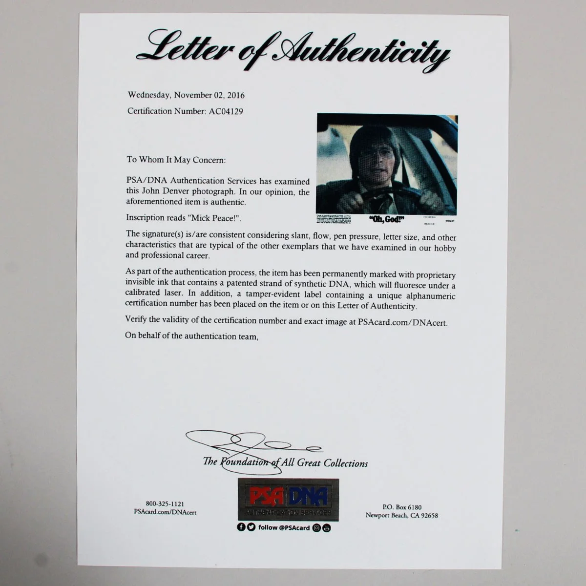 John Denver Signed Photo 8x10 Oh, God! - COA PSA/DNA, изображение 4