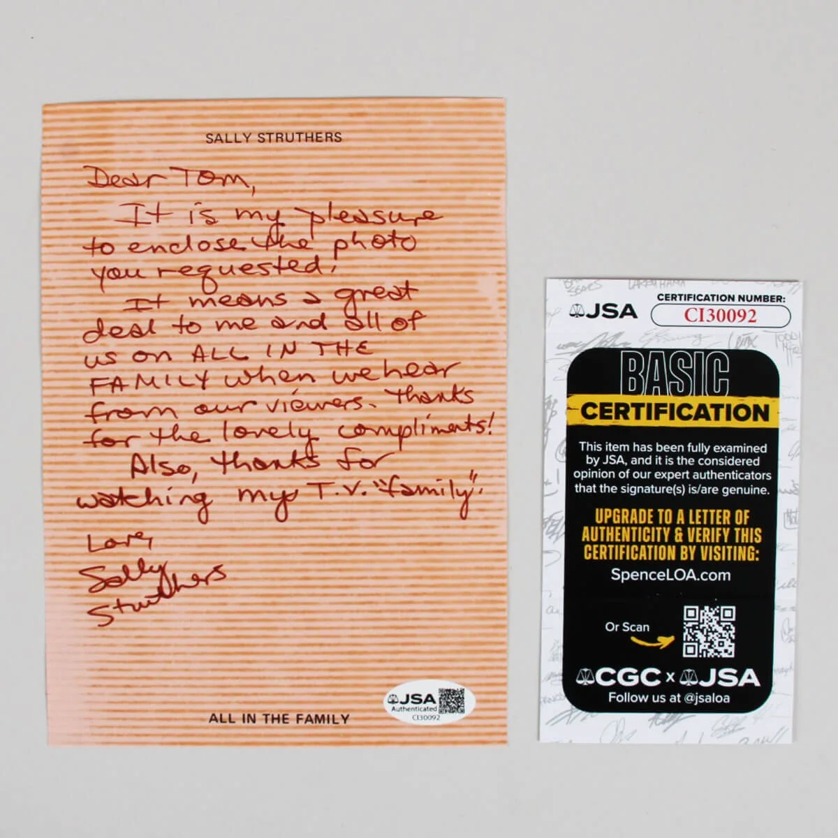 Sally Struthers All in The Family Signed Personalized Letter - COA JSA, image 3