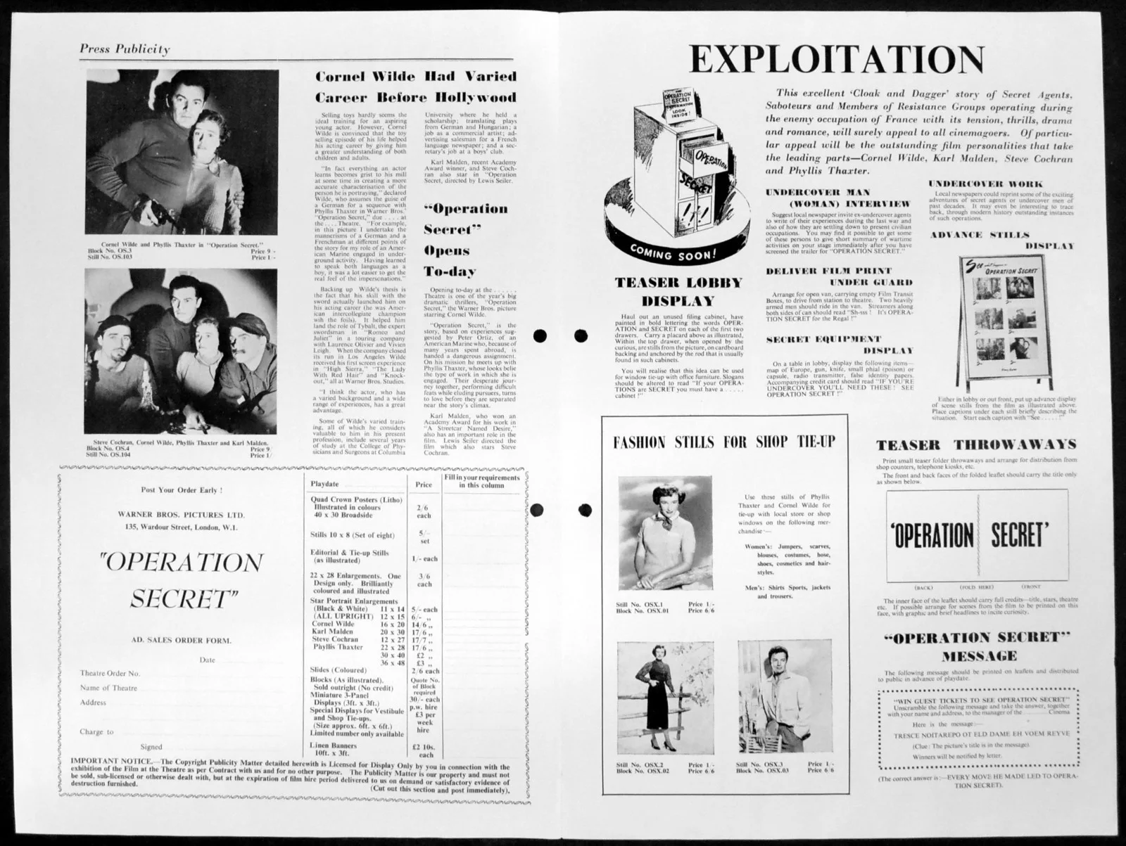 OPERATION SECRET 1952 Cornel Wilde, Steve Cochran, Phyllis Thaxter CAMPAIGN BOOK, image 2