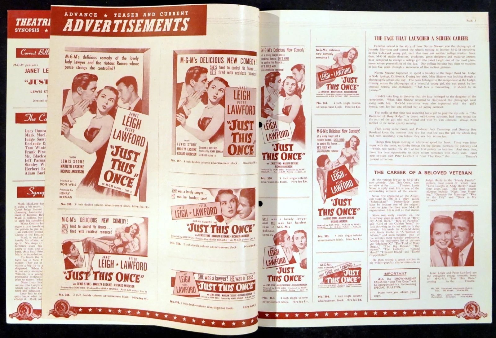 JUST THIS ONCE 1952 Janet Leigh, Peter Lawford, Lewis Stone UK PRESSBOOK, image 2