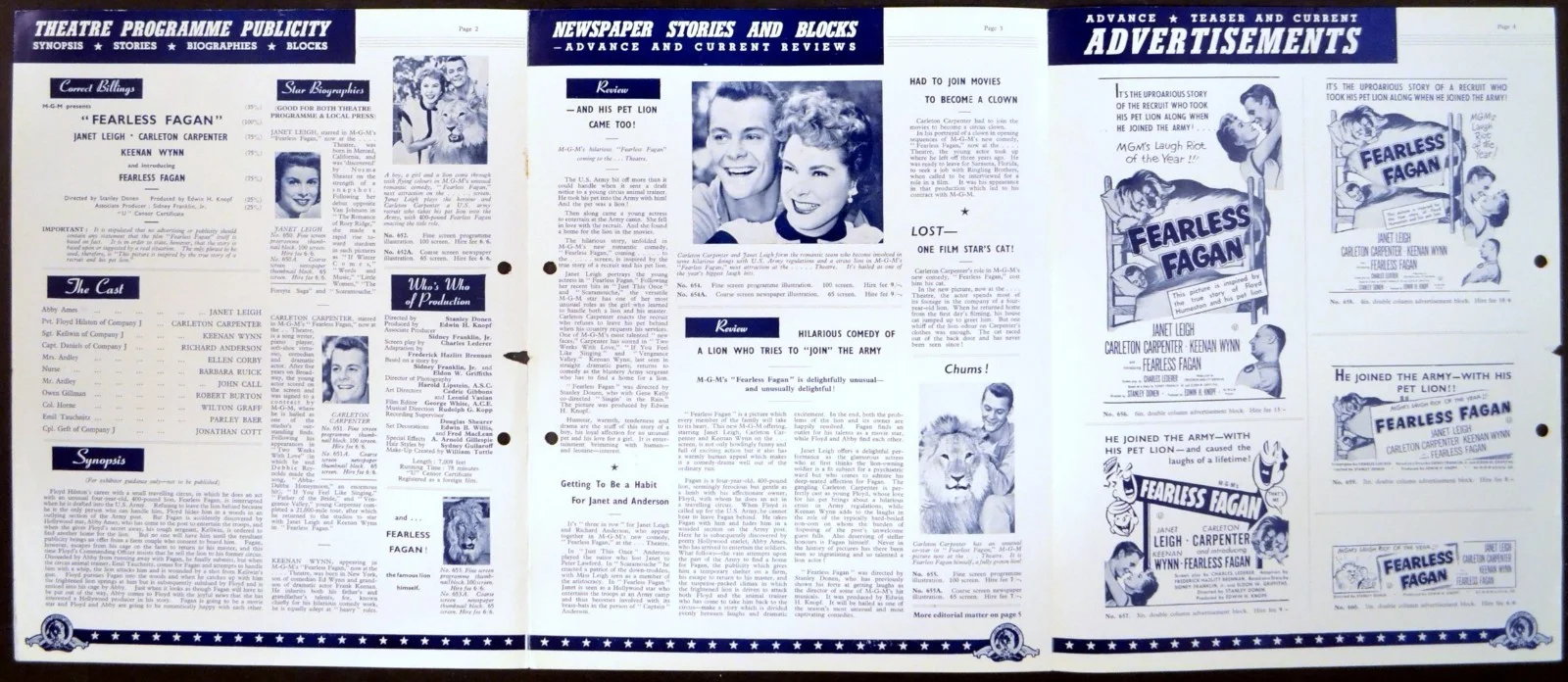 FEARLESS FAGAN 1952 Janet Leigh, Carleton Carpenter UK PRESSBOOK, image 2