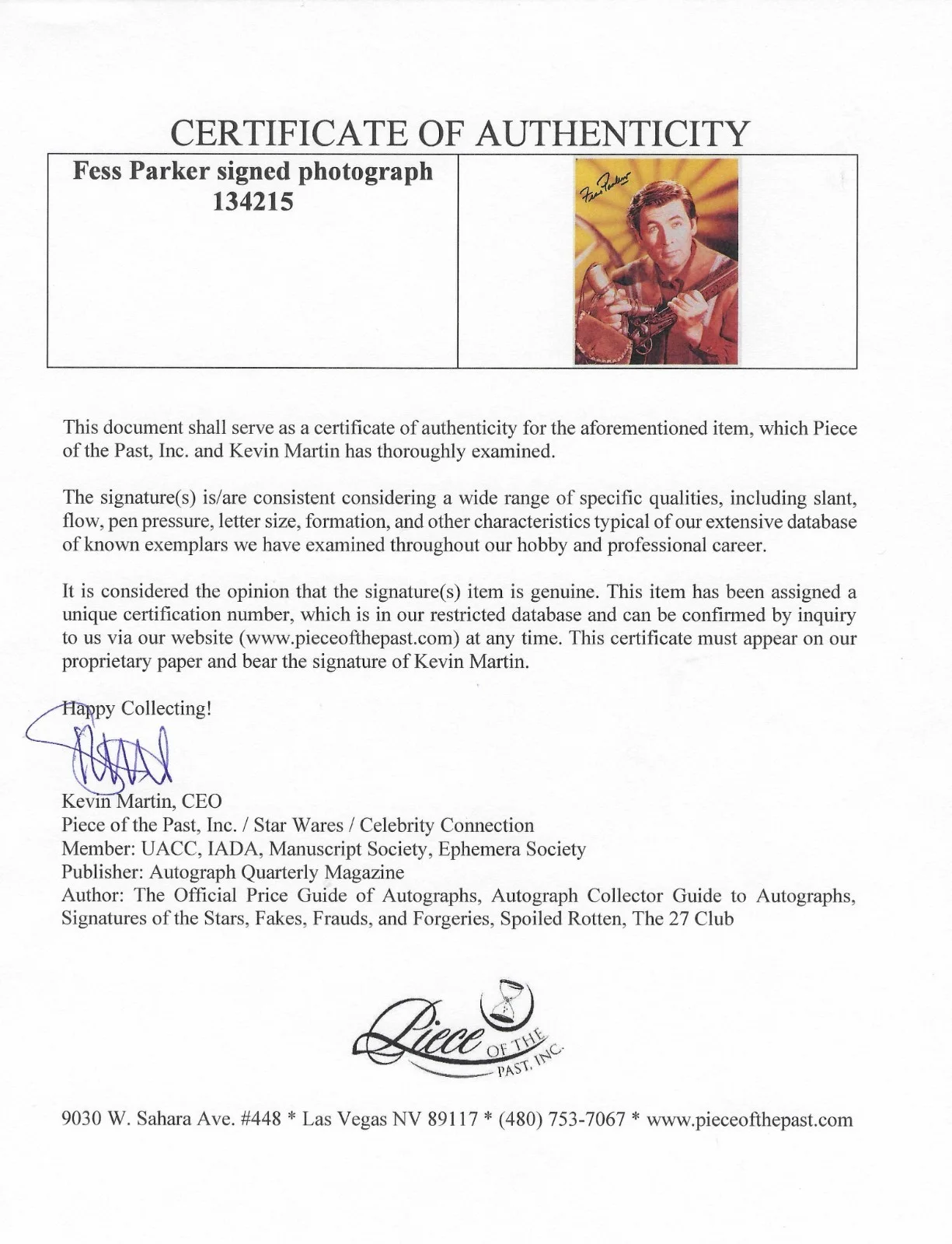 Fess Parker — signed FESS PARKER as DAVY CROCKETT 8x10 with UACC COA, изображение 3