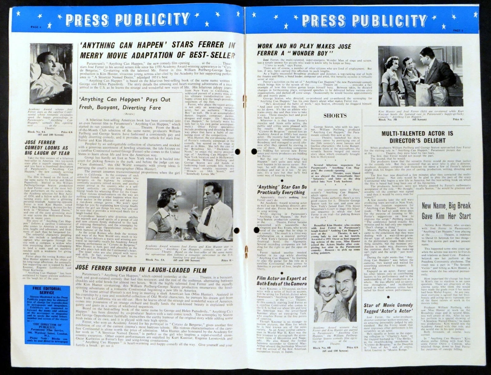 ANYTHING CAN HAPPEN 1952 Jose Ferrer, Kim Hunter, Kurt Kasznar UK PRESSBOOK, изображение 3