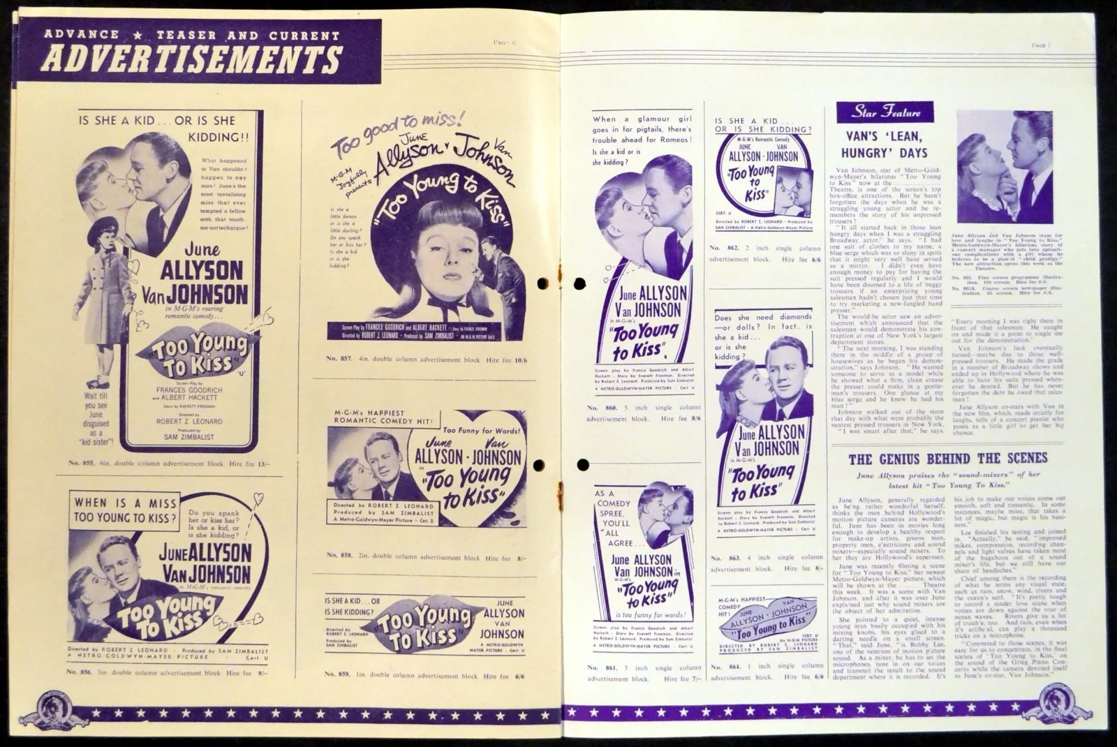 TOO YOUNG TO KISS 1951 June Allyson, Van Johnson, Gig Young UK PRESSBOOK, изображение 2