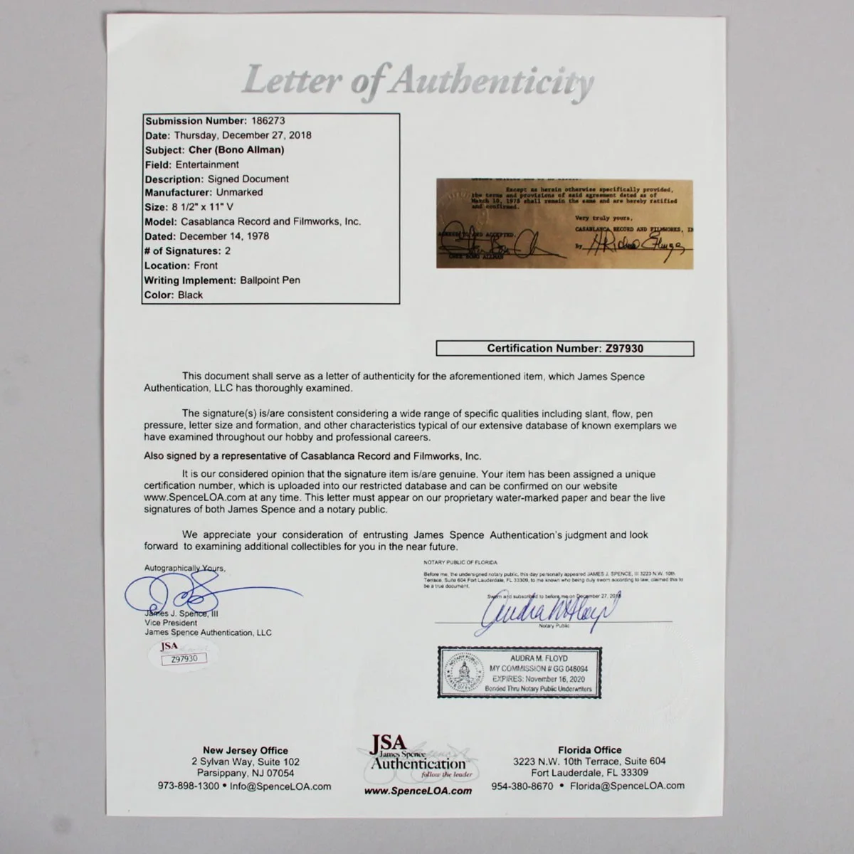 Cher Signed Contract 1978 Casablanca Record and Filmworks Full Name Cher Bono..., image 4