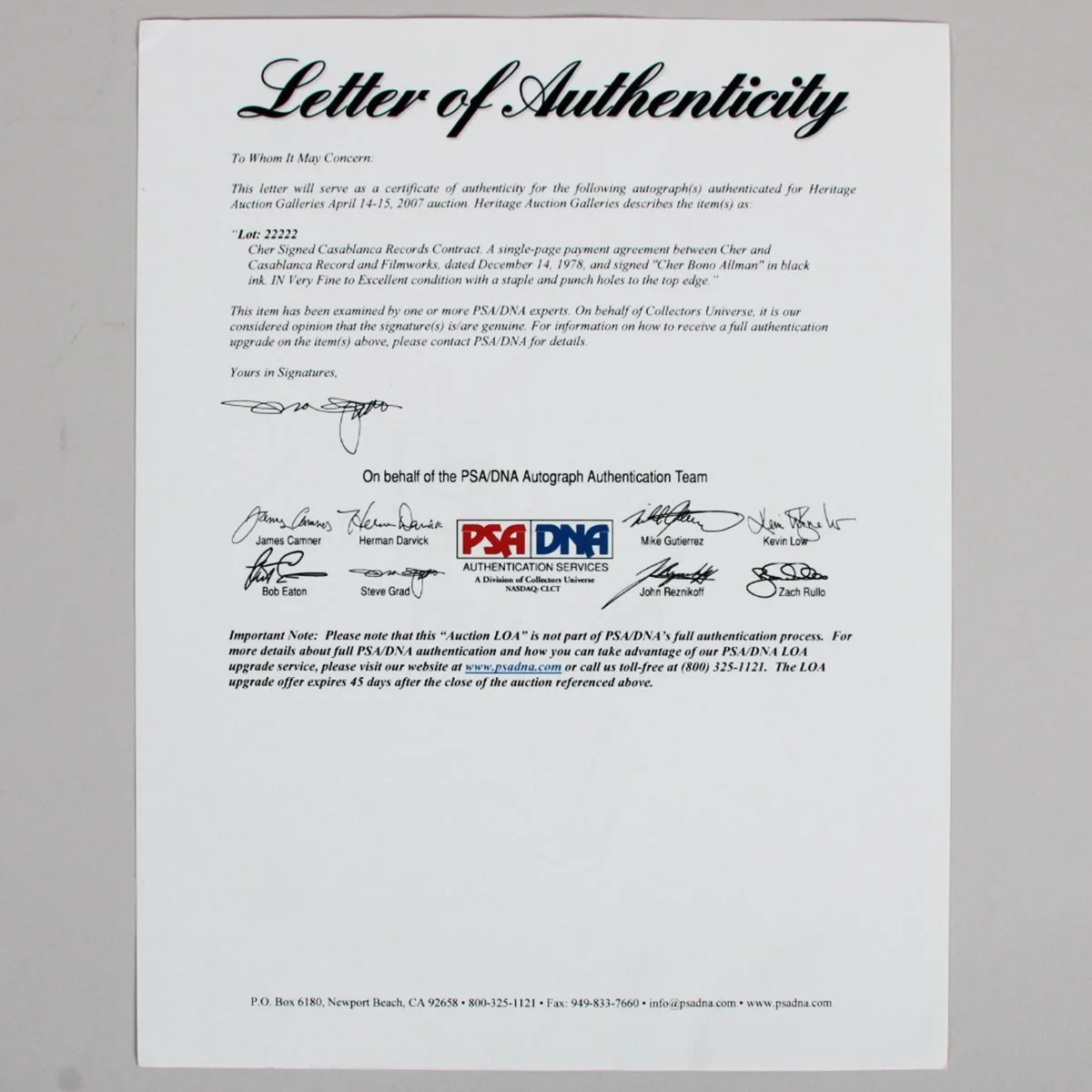 Cher Signed Contract 1978 Casablanca Record and Filmworks Full Name Cher Bono..., image 5