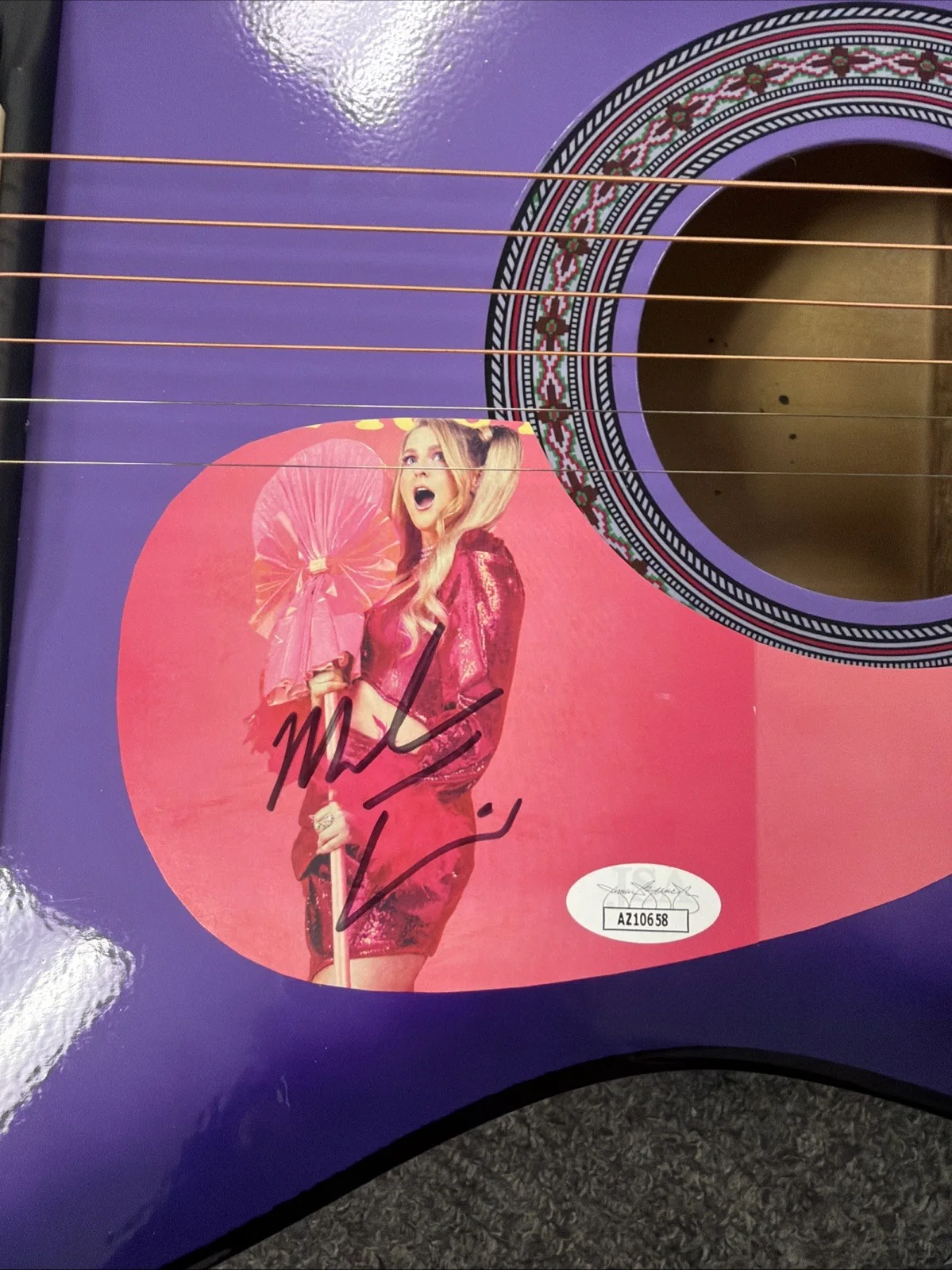 Megan Trainer Signed Purple Acoustic Guitar JSA, image 2