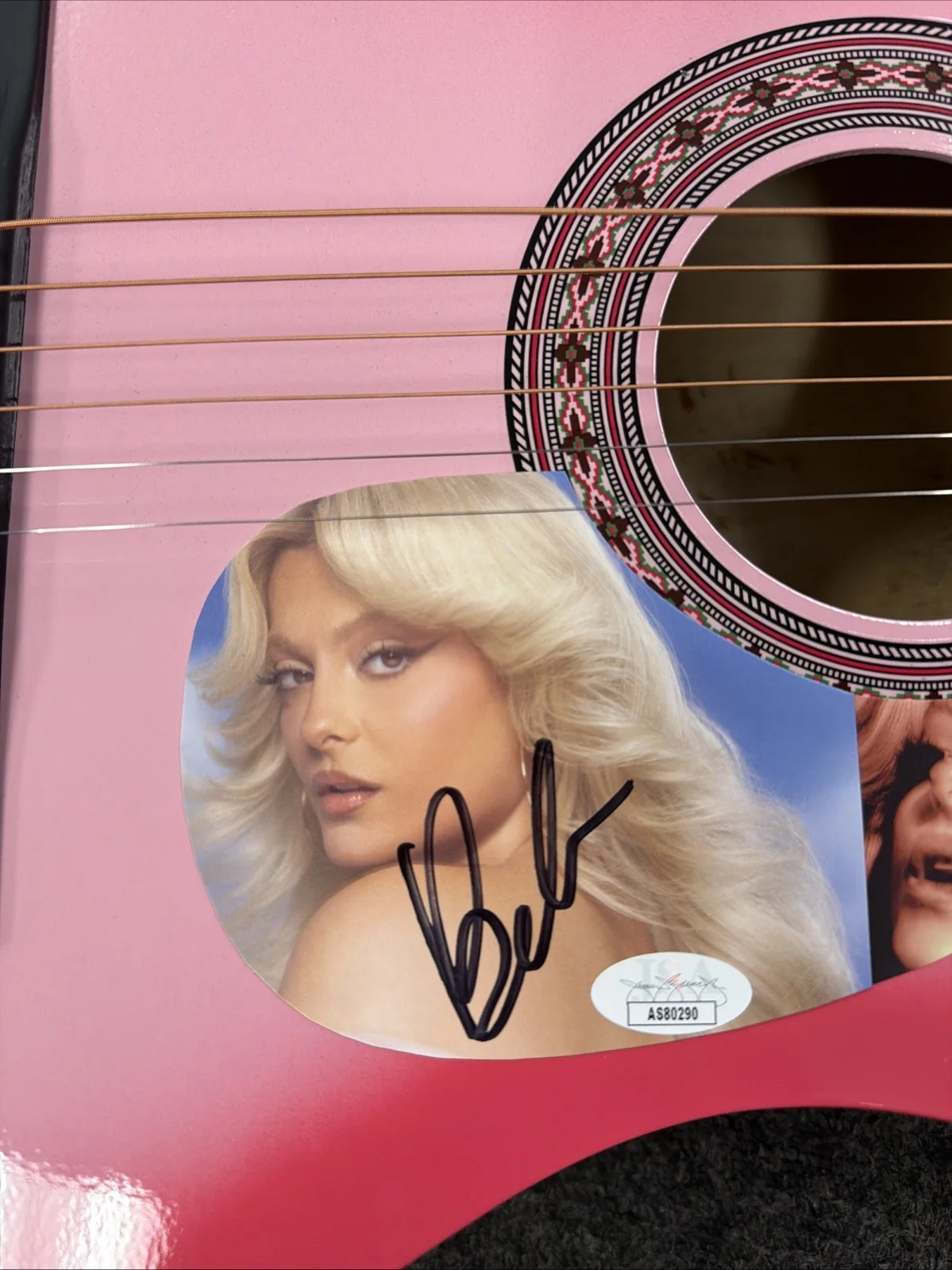 Bebe Rexha Signed Acoustic Pink Guitar JSA, image 2
