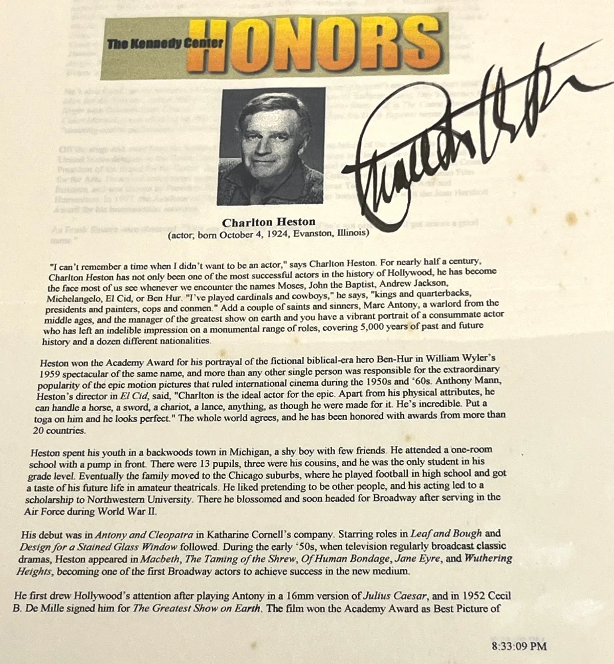 CHARLTON HESTON — CHARLTON HESTON KENNEDY CENTER AUTOGRAPHED 8.5 X 11 PAGE W/COA, image 2