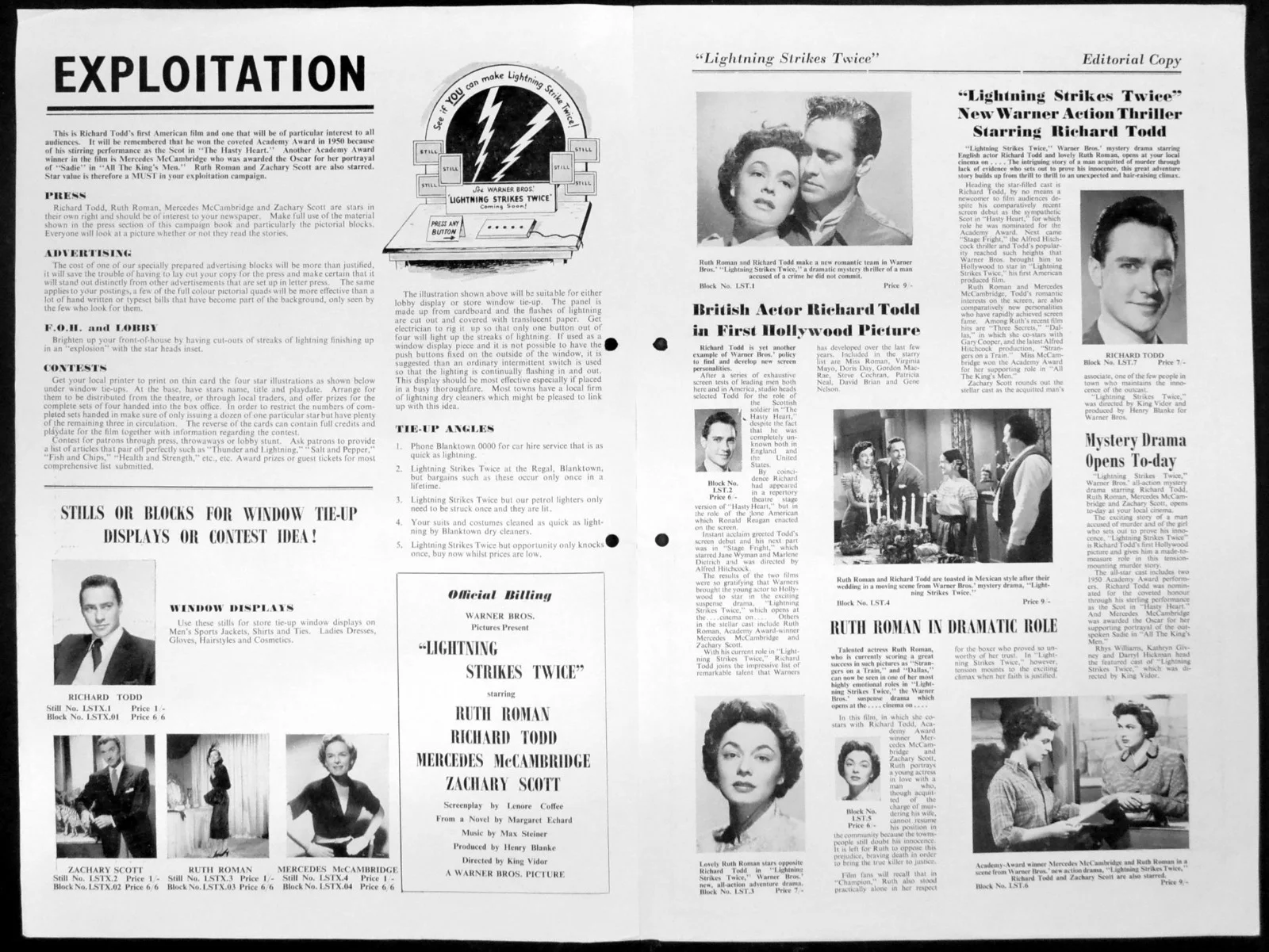 LIGHTNING STRIKES TWICE 1951 Ruth Roman, Richard Todd UK CAMPAIGN BOOK, image 2
