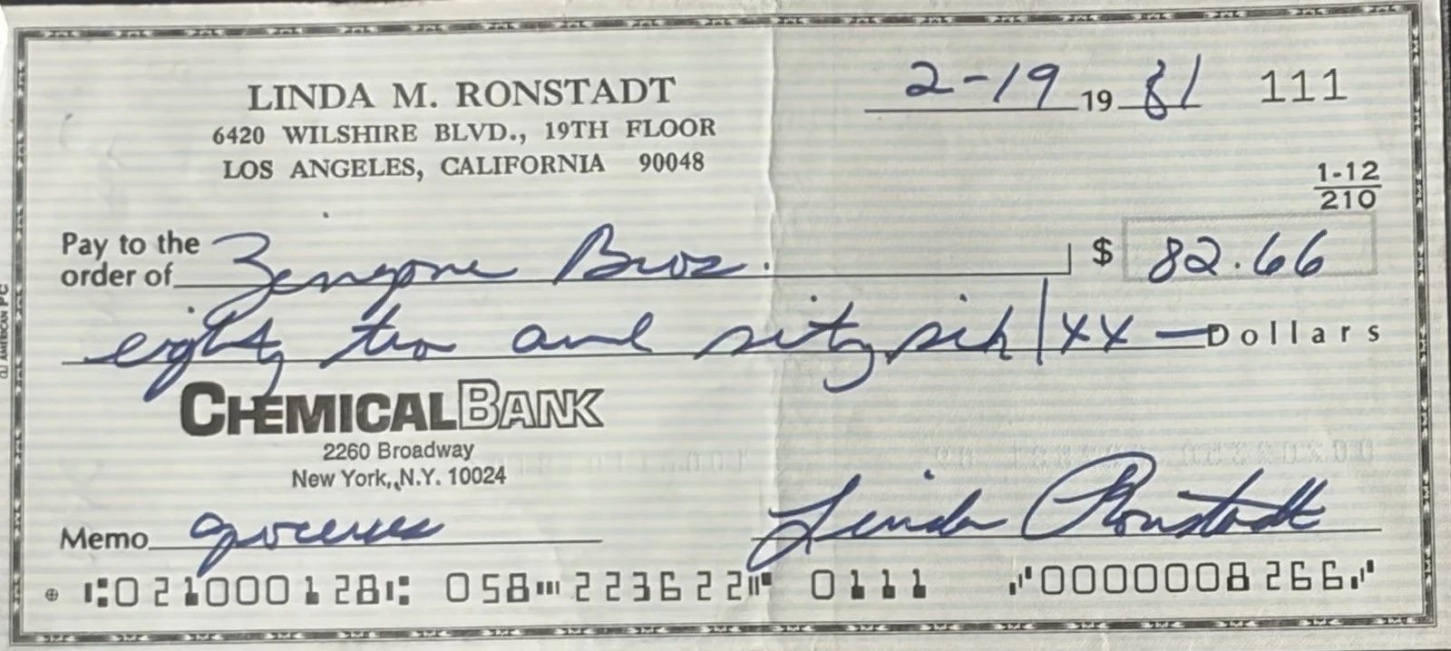 Linda Ronstadt Signed Encapsulated Bank Check BAS Beckett Autograph Grade 10, image 2