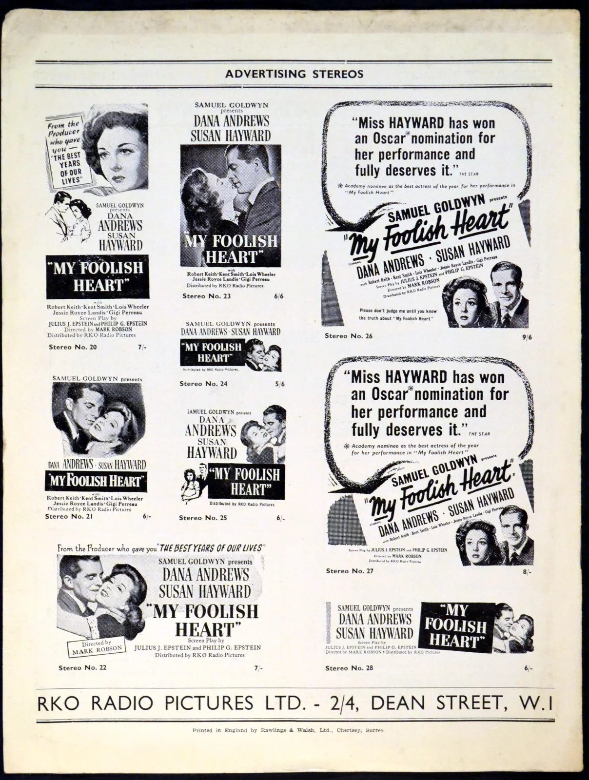 MY FOOLISH HEART 1949 Dana Andrews, Susan Hayward, Kent Smith UK PRESSBOOK, изображение 2