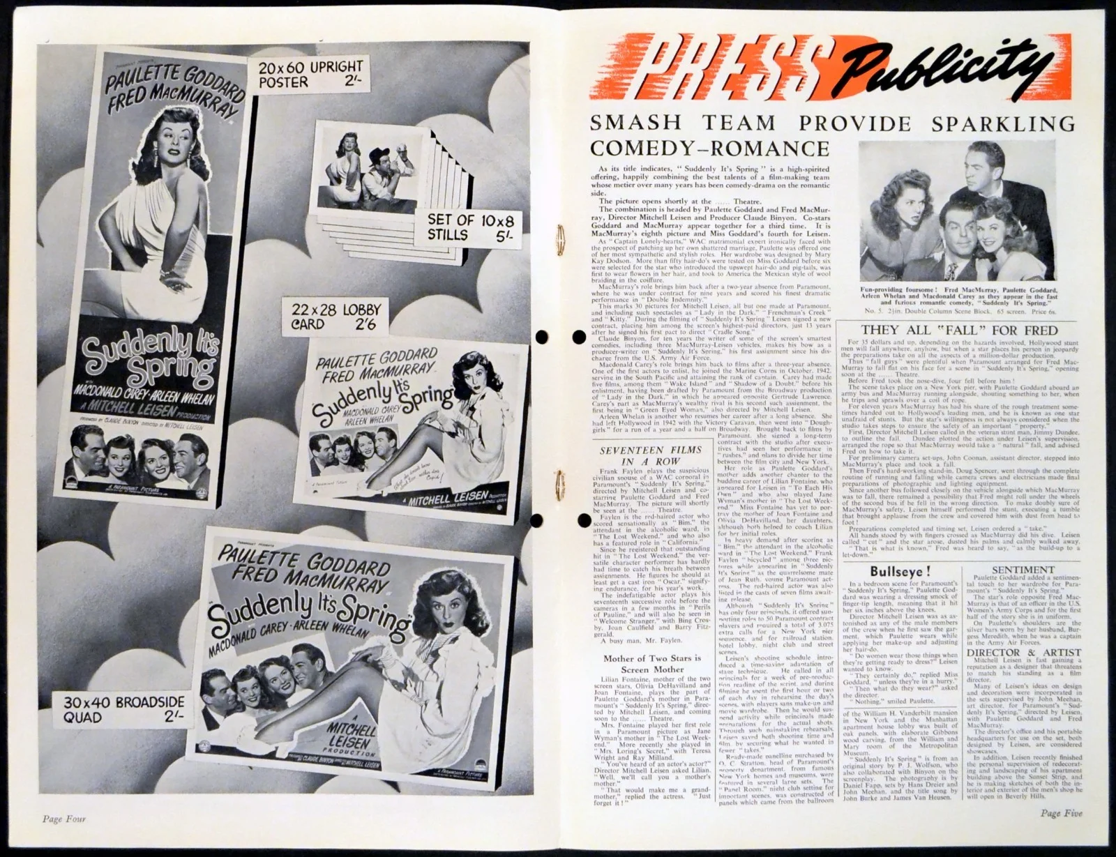 SUDDENLY IT’S SPRING 1946 Paulette Goddard, Fred MacMurray UK PRESSBOOK, image 2