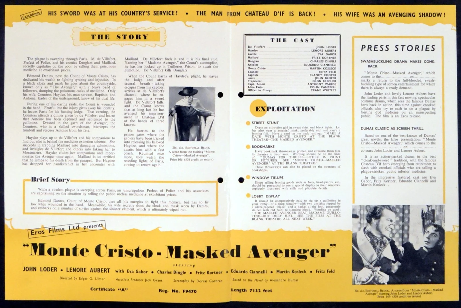 MONTE CRISTO, MASKED AVENGER 1946 John Loder, Lenore Aubert UK PRESSBOOK, image 2