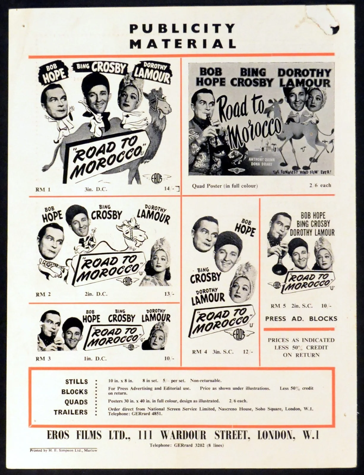 ROAD TO MOROCCO 1942 Bing Crosby, Bob Hope, Dorothy Lamour UK CAMPAIGN BOOK, изображение 2