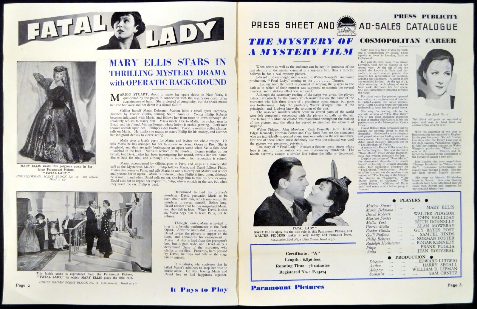 FATAL LADY 1936 Mary Ellis, Walter Pidgeon, John Halliday UK PRESSBOOK, изображение 3