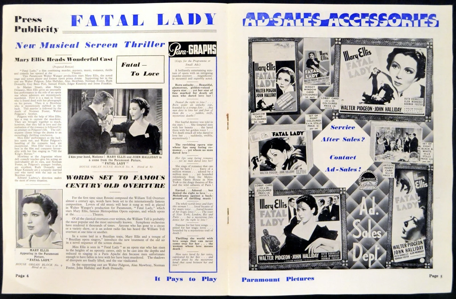 FATAL LADY 1936 Mary Ellis, Walter Pidgeon, John Halliday UK PRESSBOOK, изображение 4