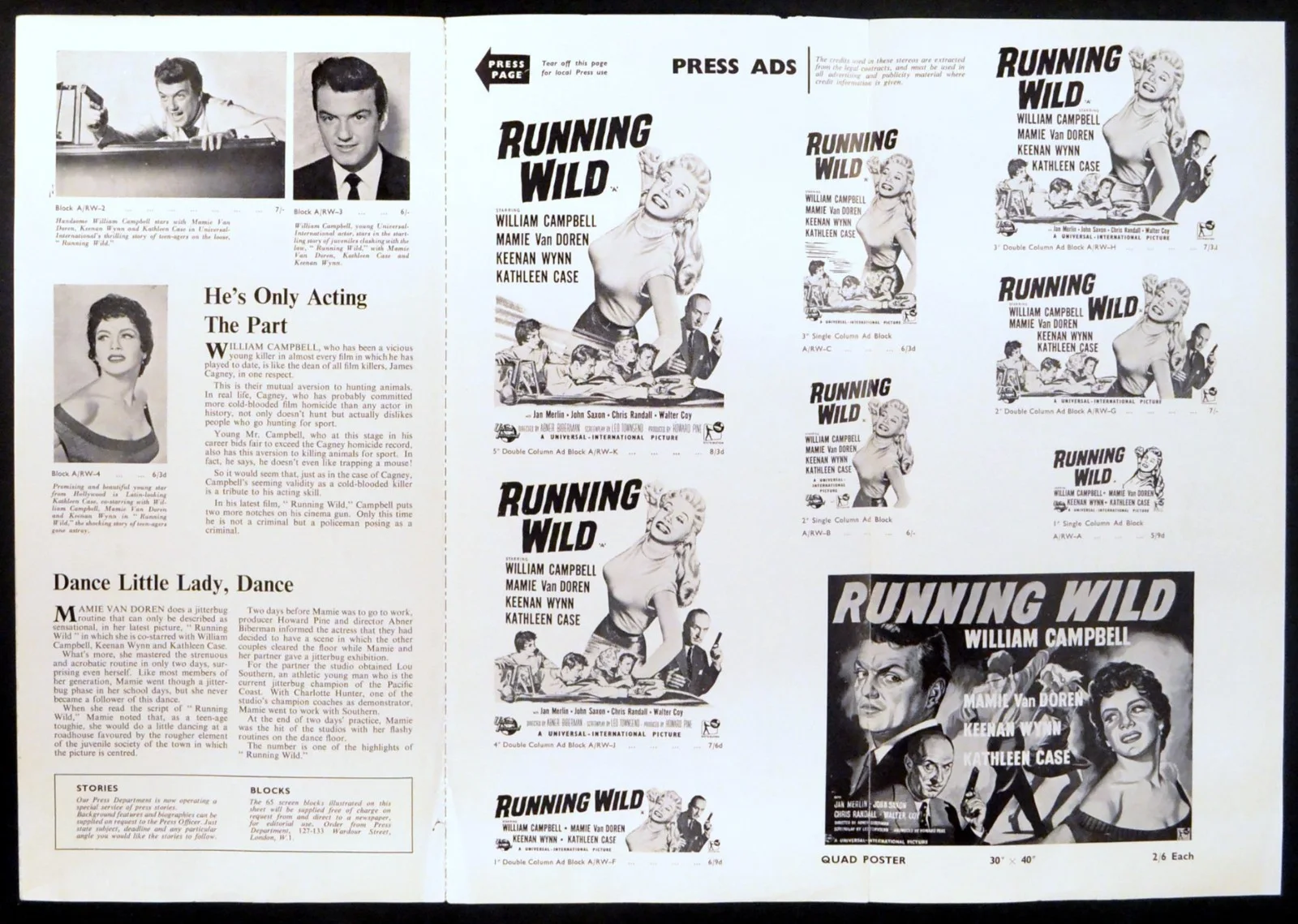 RUNNING WILD 1955 William Campbell, Mamie Van Doren, Keenan Wynn CAMPAIGN BOOK, image 2