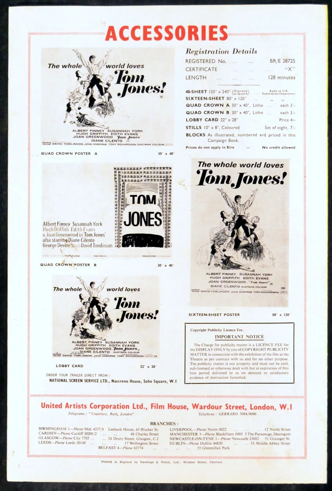 TOM JONES 1963 Albert Finney, Susannah York, Hugh Griffith UK CAMPAIGN BOOK, image 2
