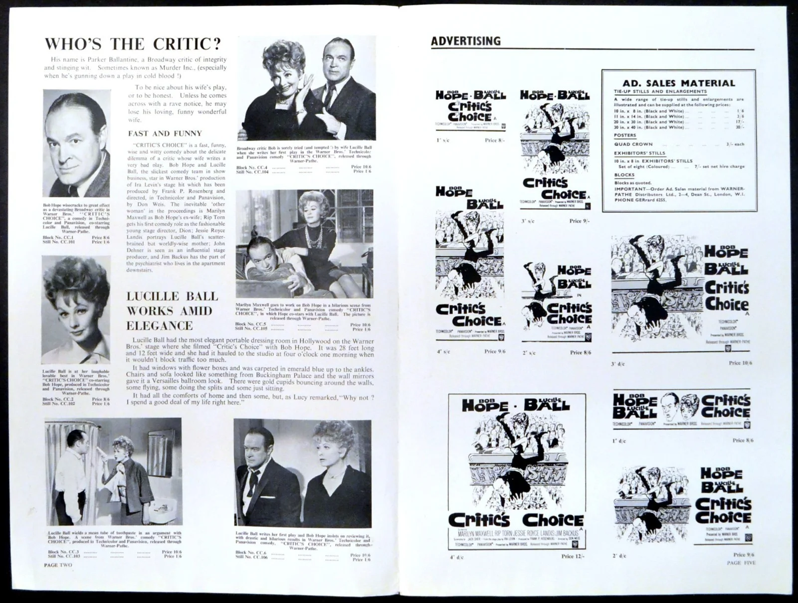 CRITIC’S CHOICE 1963 Bob Hope, Lucille Ball, Marilyn Maxwell UK CAMPAIGN BOOK, изображение 2