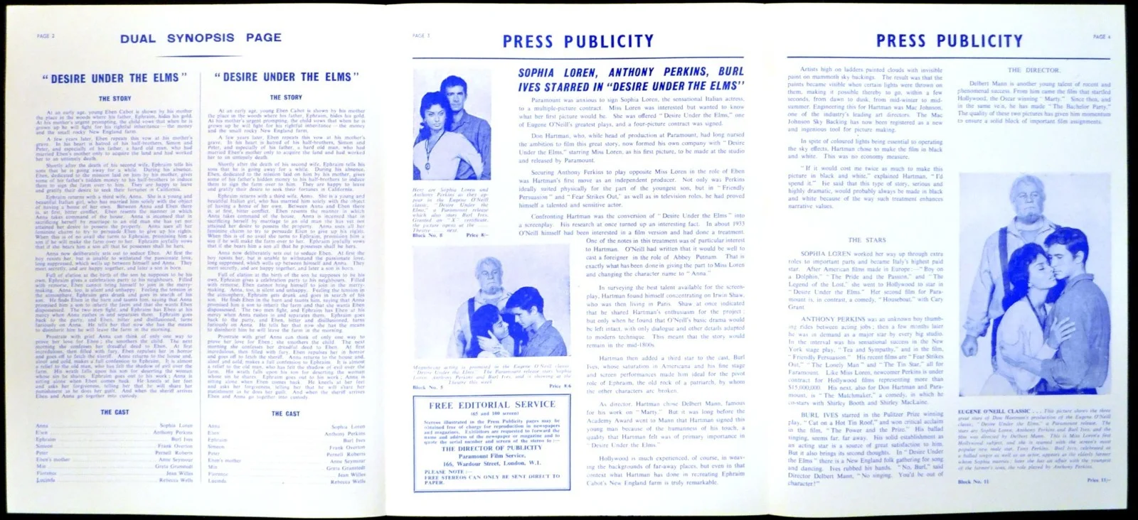DESIRE UNDER THE ELMS 1958 Sophia Loren, Anthony Perkins, Burl Ives UK PRESSBOOK, изображение 2