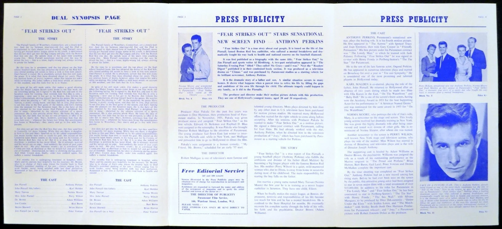 FEAR STRIKES OUT 1957 Anthony Perkins - Jim Piersall, Karl Malden UK PRESSBOOK, изображение 2