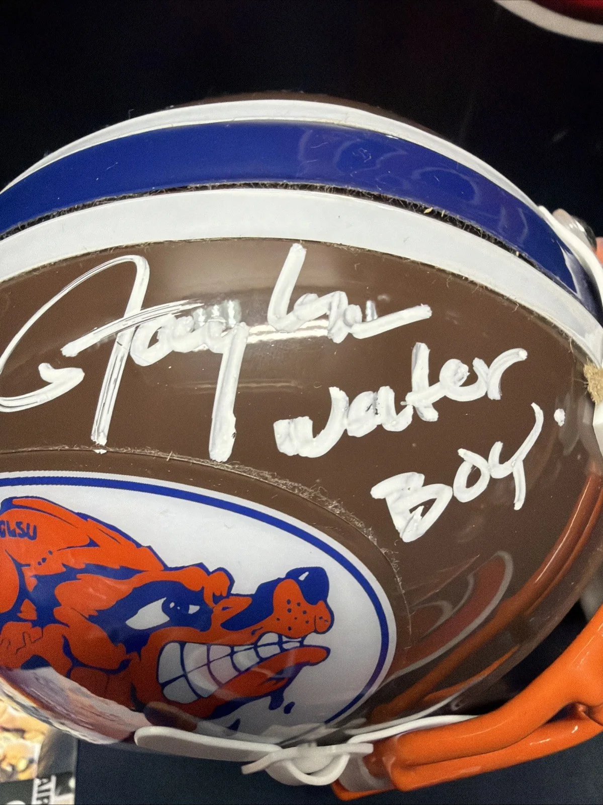 Lawrence Taylor — Lawrence Taylor Autographed Water Boy Inscribed Signed Mini Helmet JSA COA, image 2
