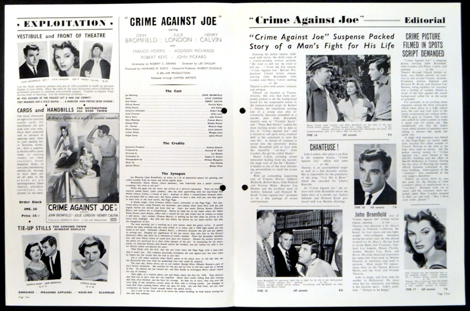 CRIME AGAINST JOE 1956 John Bromfield Julie London Henry Calvin UK CAMPAIGN BOOK, изображение 2