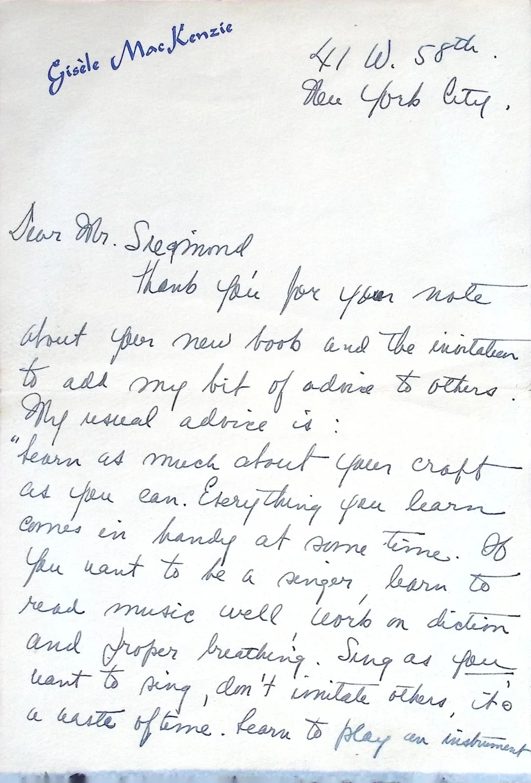 Vintage Gisele MacKenzie Autograph Letter Signed New York Singer Handwritten, изображение 2