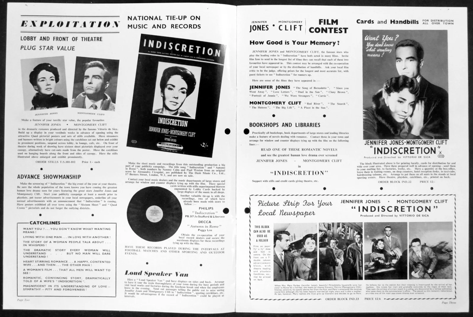 INDISCRETION 1953 Jennifer Jones, Montgomery Clift, Gino Cervi UK CAMPAIGN BOOK, изображение 2