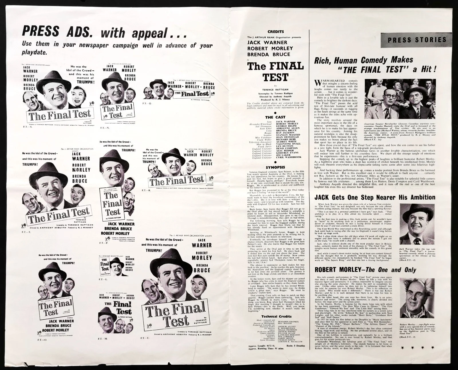 FINAL TEST 1953 Jack Warner Robert Morley CRICKET Terence Rattigan UK PRESSBOOK, изображение 2