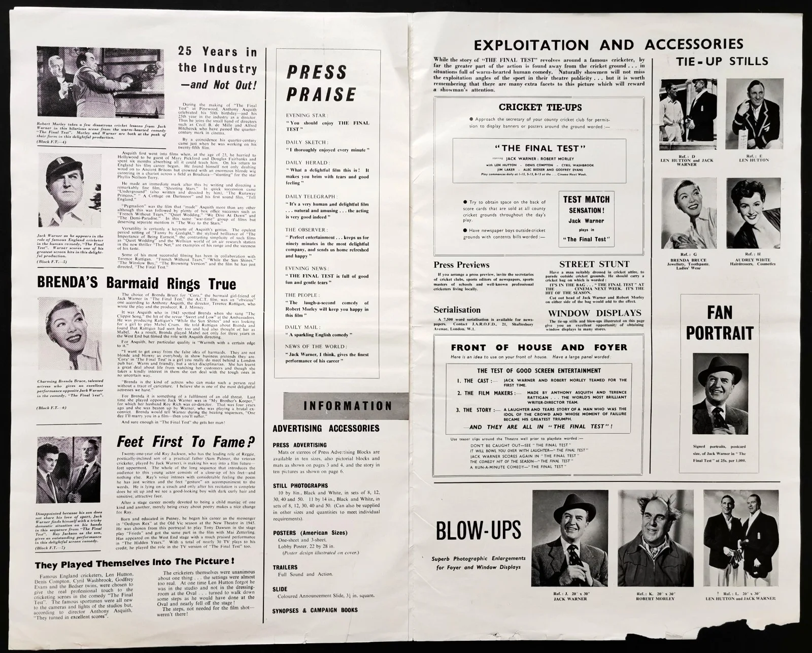 FINAL TEST 1953 Jack Warner Robert Morley CRICKET Terence Rattigan UK PRESSBOOK, изображение 3