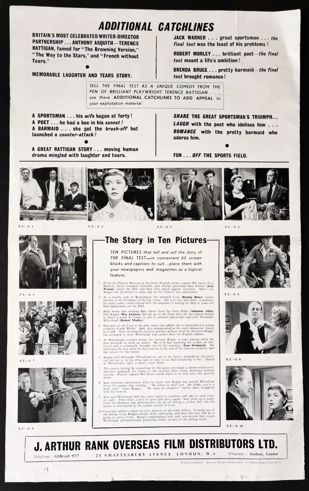 FINAL TEST 1953 Jack Warner Robert Morley CRICKET Terence Rattigan UK PRESSBOOK, изображение 4