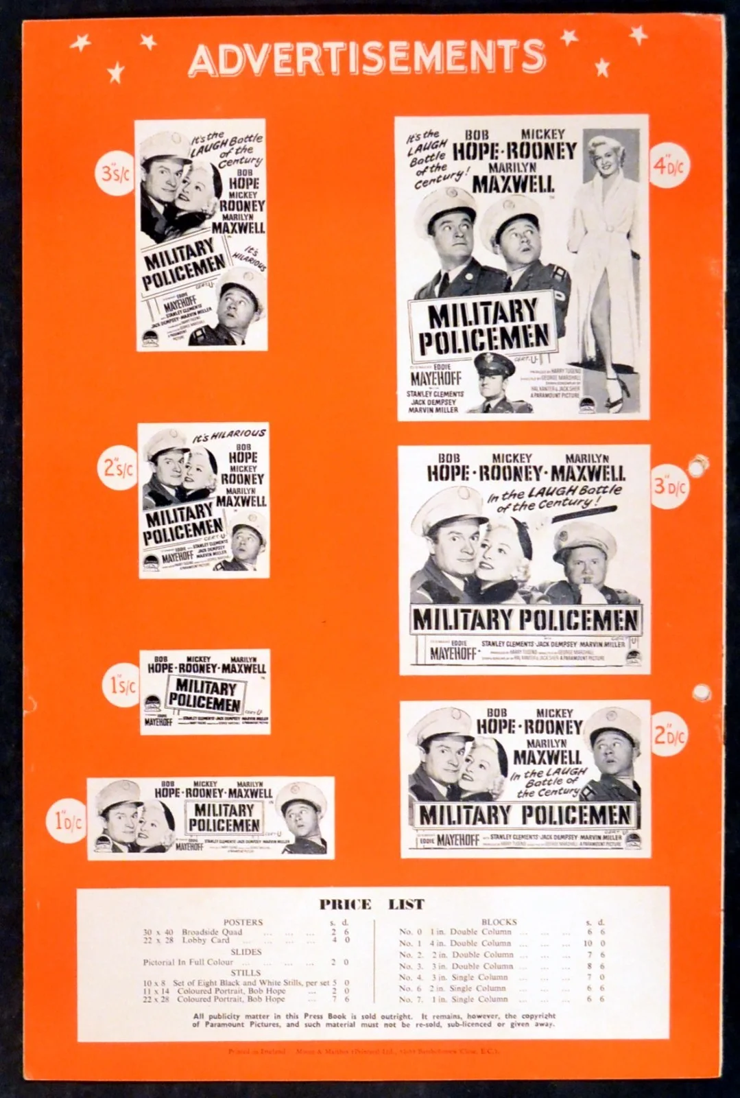 MILITARY POLICEMEN 1953 Bob Hope, Mickey Rooney, Marilyn Maxwell UK PRESSBOOK, image 3