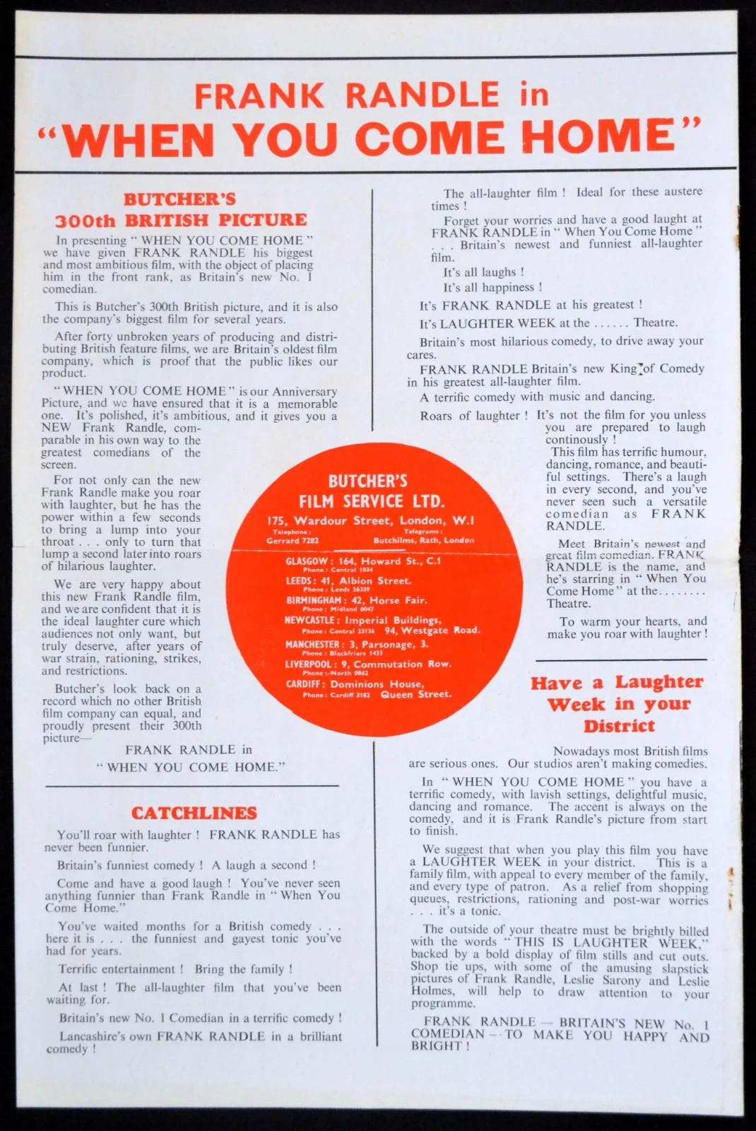 WHEN YOU COME HOME 1947 Frank Randle, Leslie Sarony UK PRESSBOOK, изображение 5